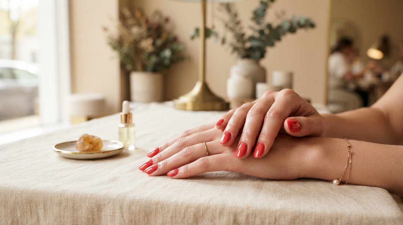 Manicured hands with glossy coral-red nails resting on warm cream linen