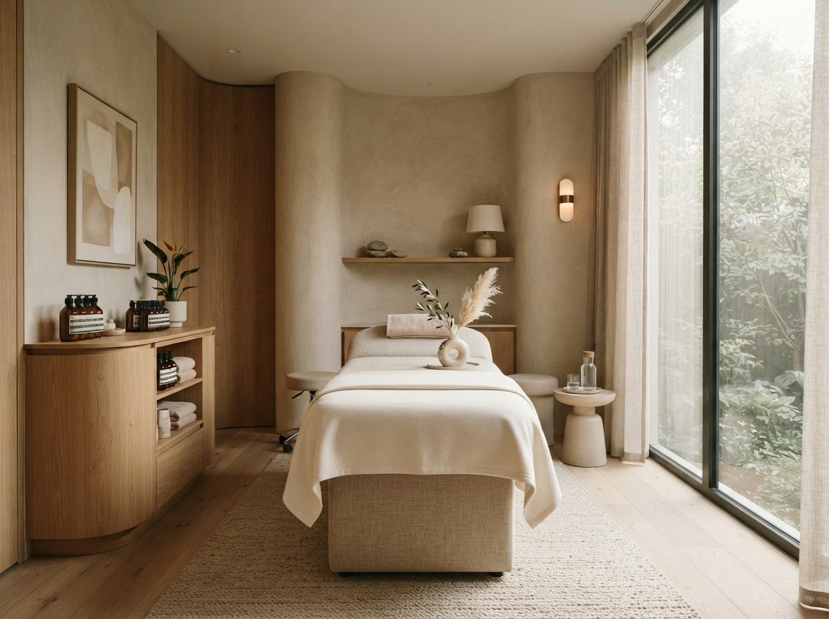Interior sereno de una clínica de estética premium con tonos arena y crema