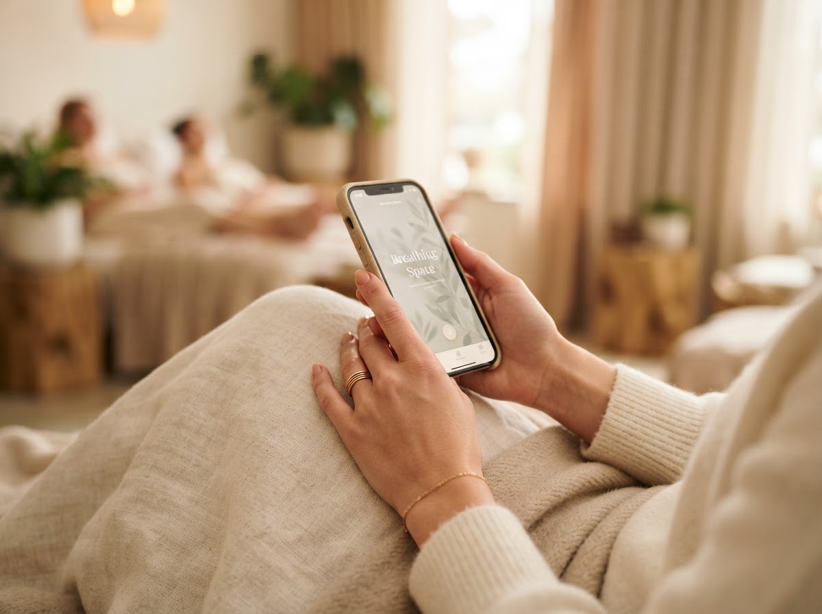 Manos en calma sosteniendo un teléfono en un entorno de spa cálido