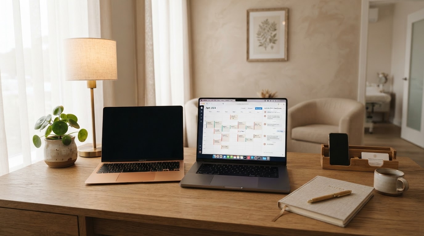 Espacio de trabajo sereno con flujos de chat y agenda en la pantalla, tonos arena cálidos