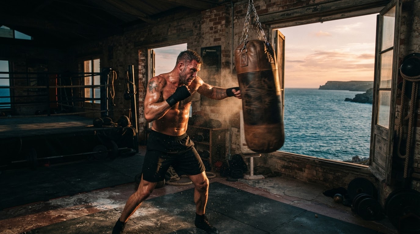 Boxer training on a heavy bag in a coastal gym at golden hour