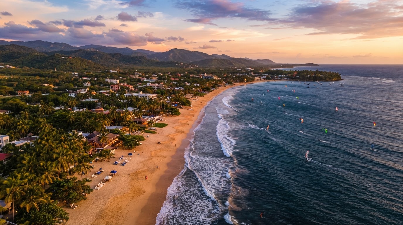 Aerial view of the Cabarete coastline at sunset