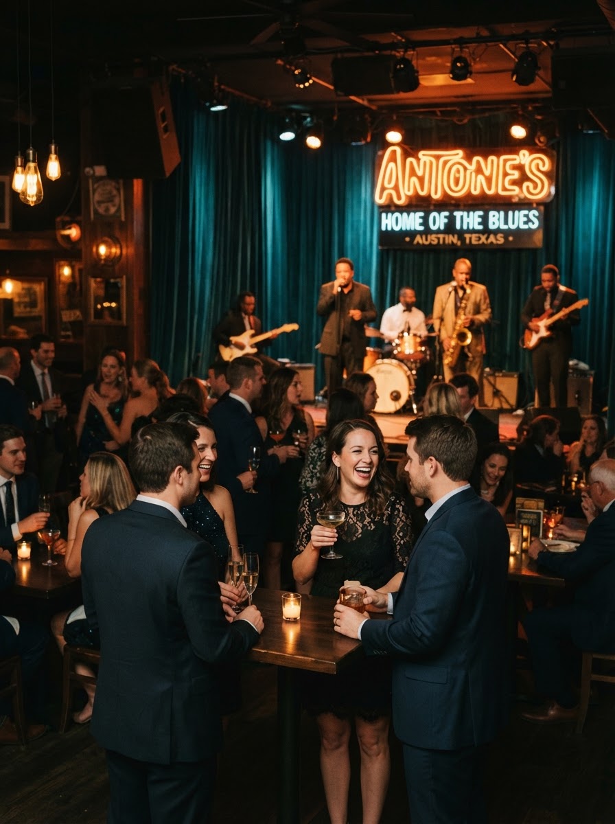 An elegant charity gala evening with warm golden candlelight and guests celebrating