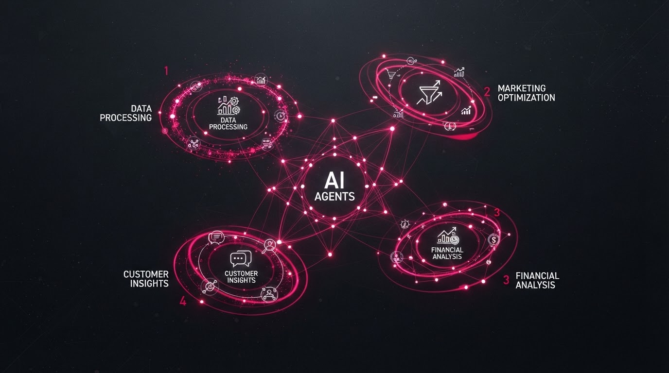 Abstract visualization of AI agents for business with autonomous node clusters in glowing magenta orbital rings around task icons.