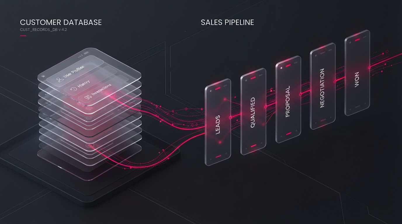 Abstract visualization of CRM automation with stacked database and pipeline cards flowing between layers with magenta accent lines.