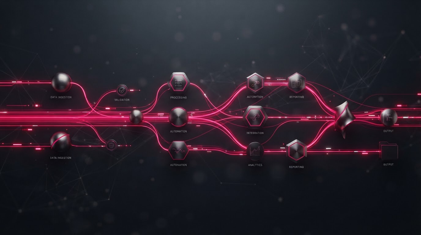 AI Strategy & Automation Roadmapping — abstract visualization of AI automation workflows with connected nodes and magenta accent lines.