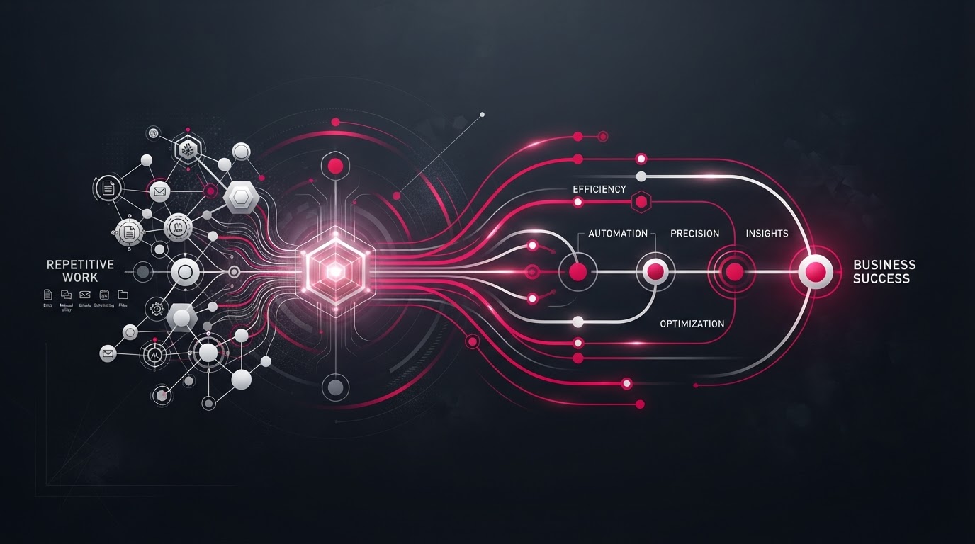 Abstract visualization of automated lead follow-up with message bubbles and CRM cards flowing along magenta connection lines.