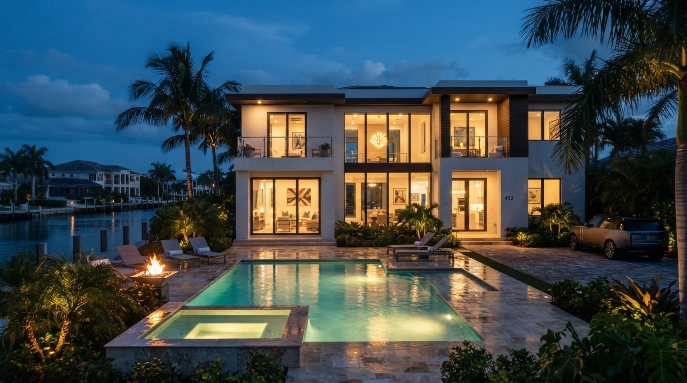 Luxury Florida vacation rental with glowing pool at twilight