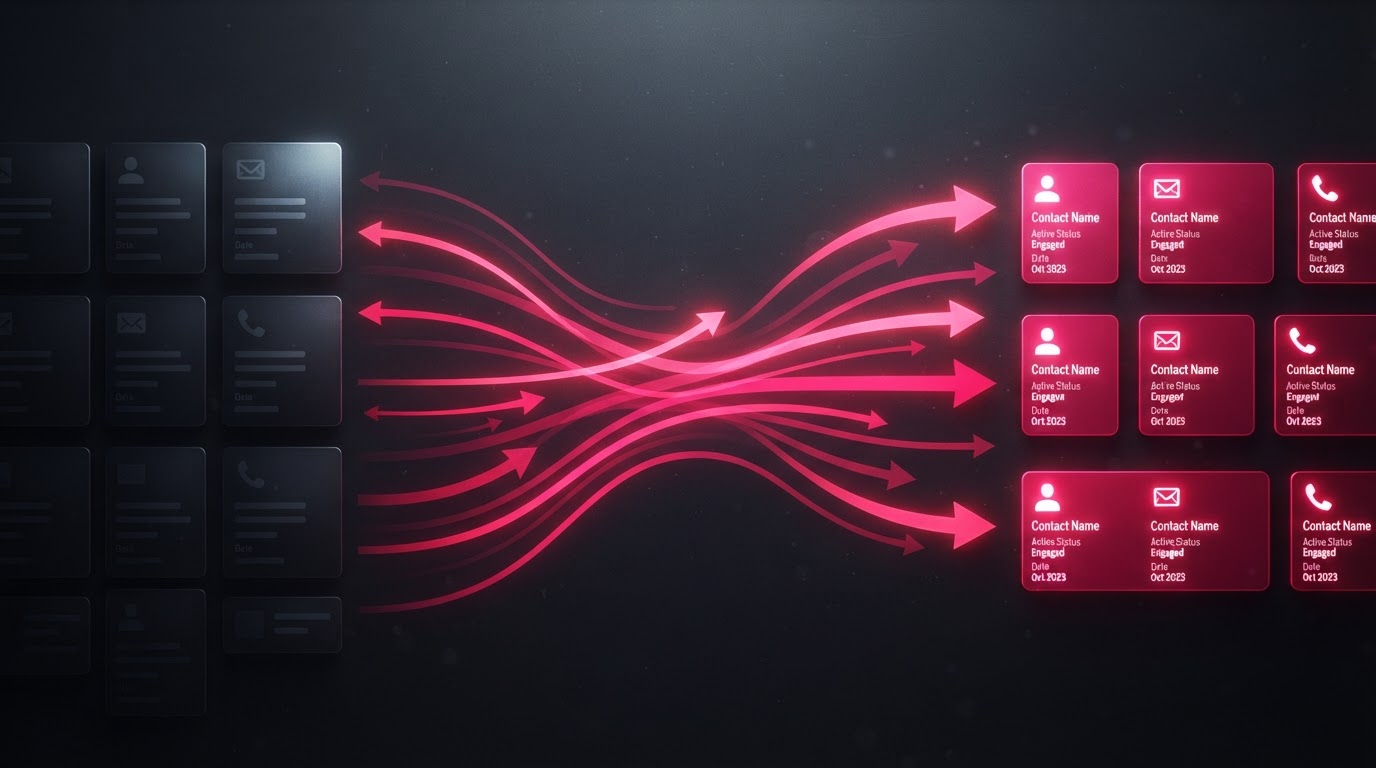 Abstract visualization of reactivating old leads, with dim contact cards transitioning to bright glowing magenta active cards.