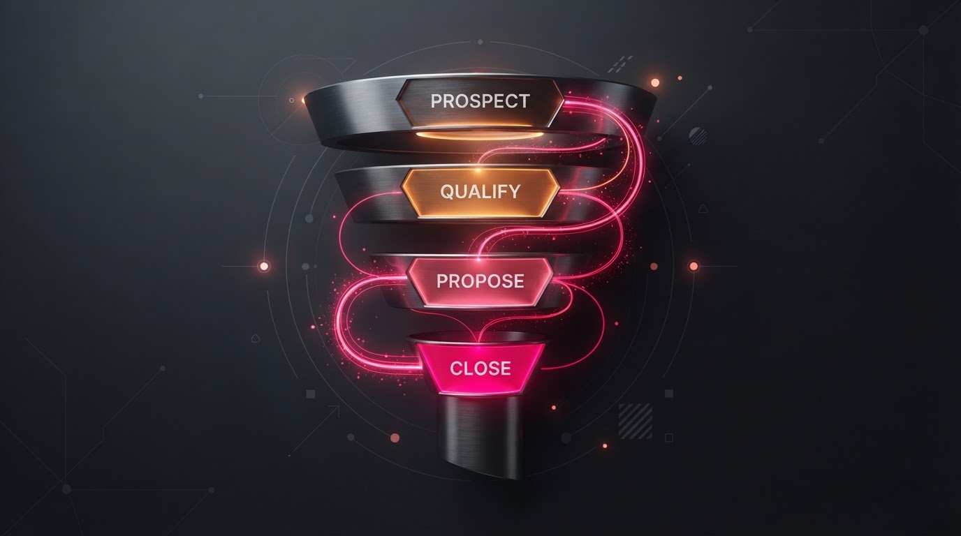 Abstract visualization of sales automation with a pipeline funnel filling up via magenta glowing flow lines.