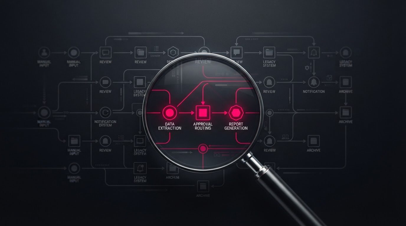 Abstract visualization of identifying processes worth automating, with a magnifying glass highlighting nodes in magenta on a workflow grid.