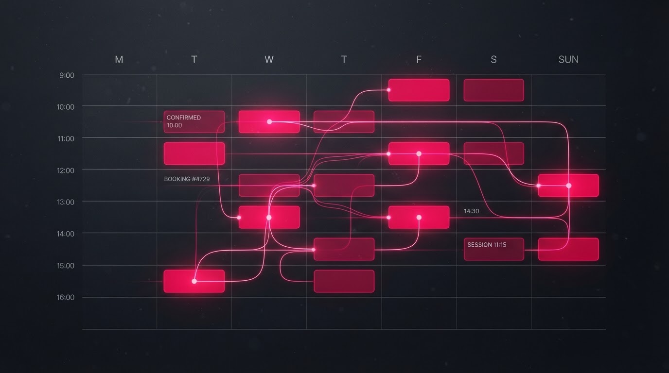 Abstract visualization of appointment scheduling automation with a clean calendar grid and booking slots filling in with magenta glowing lines.