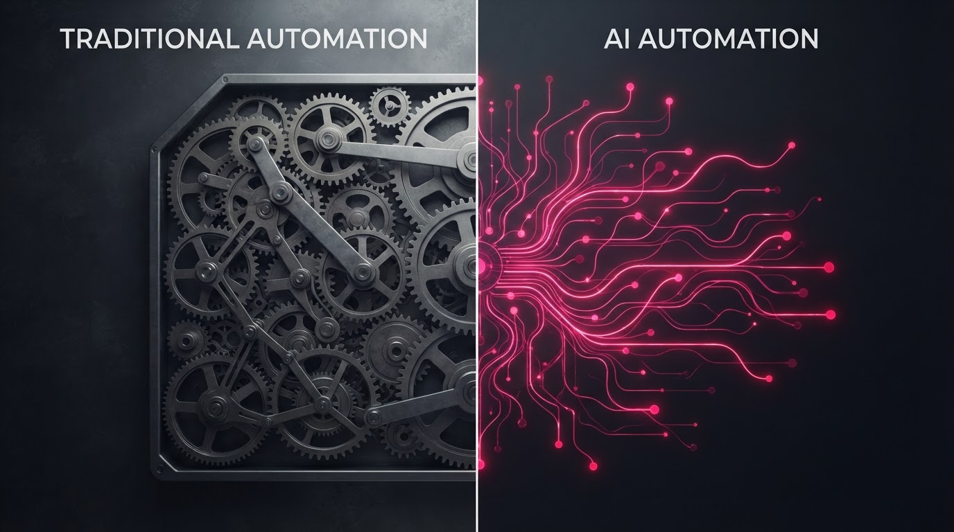 Abstract split visualization comparing traditional mechanical gears on the left with flowing AI neural connection lines in magenta on the right.