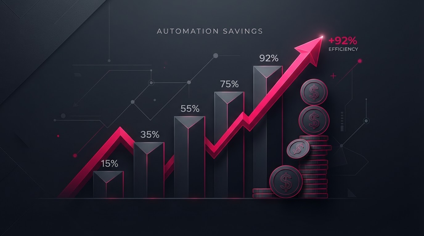 Abstract visualization of business automation savings with an upward trending bar chart and magenta growth line on a dark background.