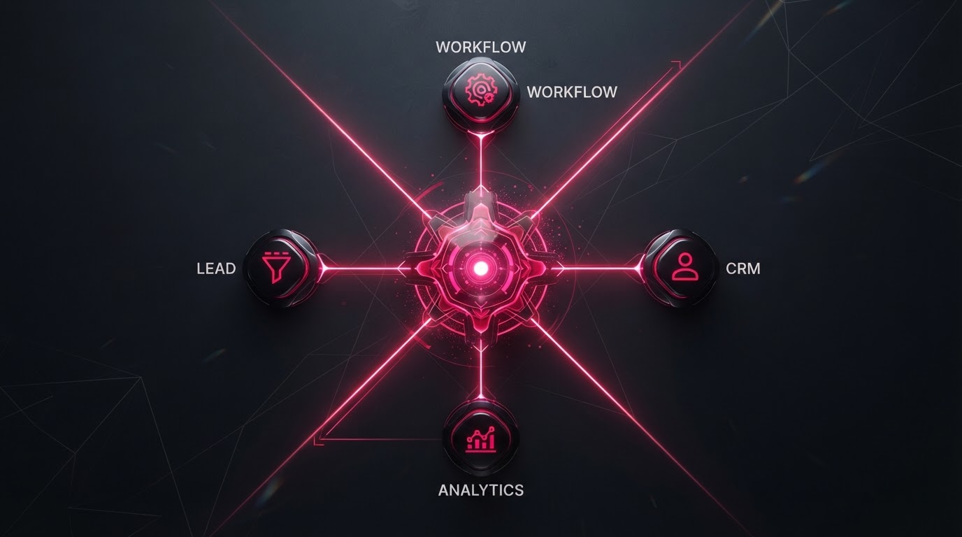 Abstract visualization of an AI automation agency with a central hub node radiating connected service modules via magenta glowing lines.
