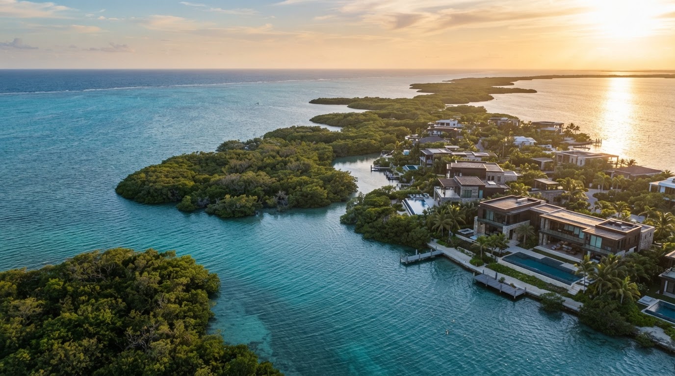 Aerial view of the Belize Caribbean coastline at golden hour