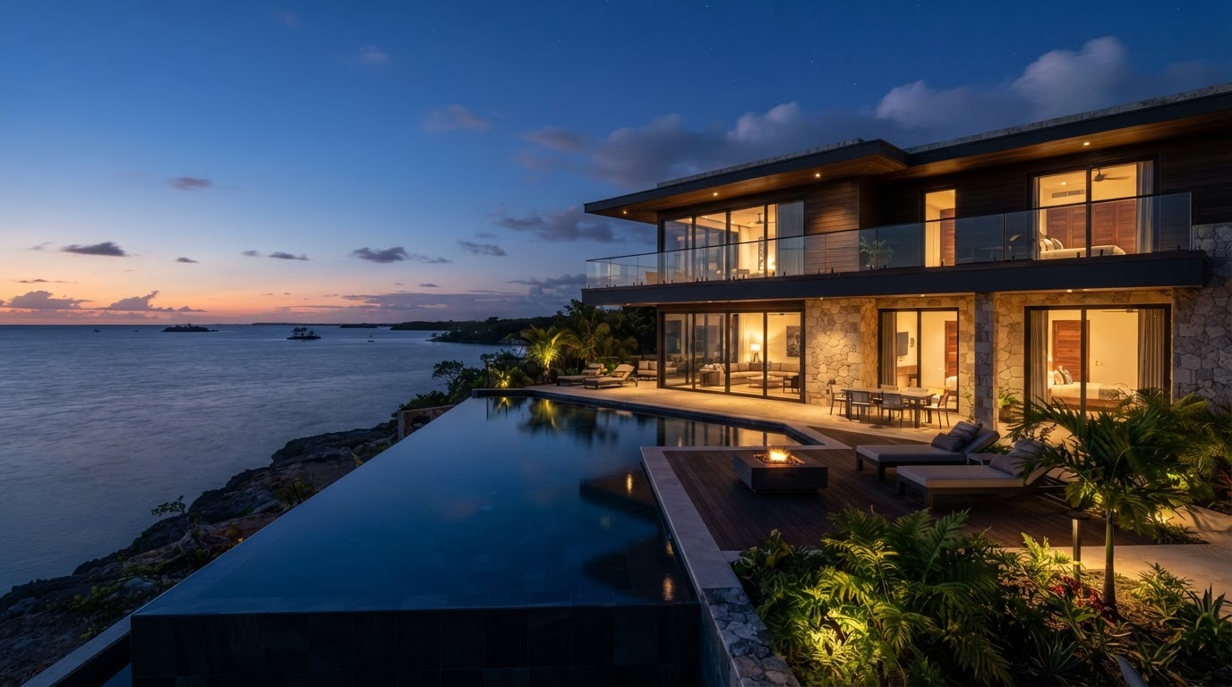 Modern tropical waterfront villa in Belize at dusk