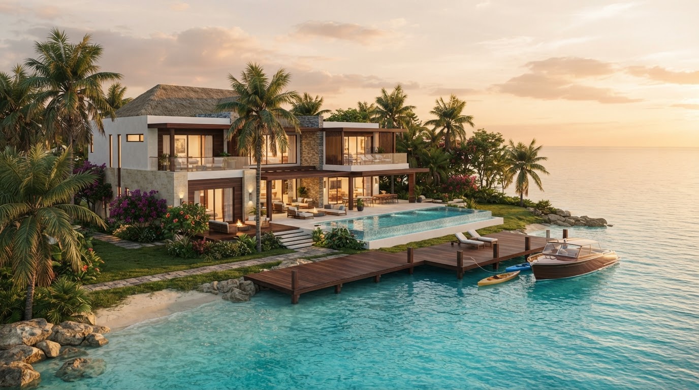 Refined Belize waterfront residence at golden hour