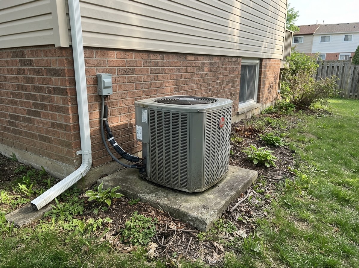 Central air conditioning condenser next to a residential home