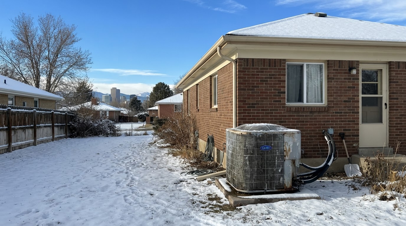Outdoor AC condenser beside a Denver home in winter with light snow