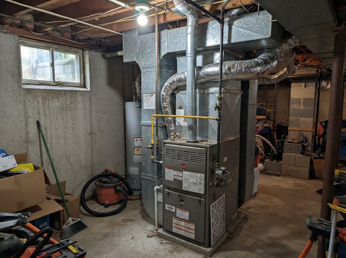 Residential furnace installed in a basement