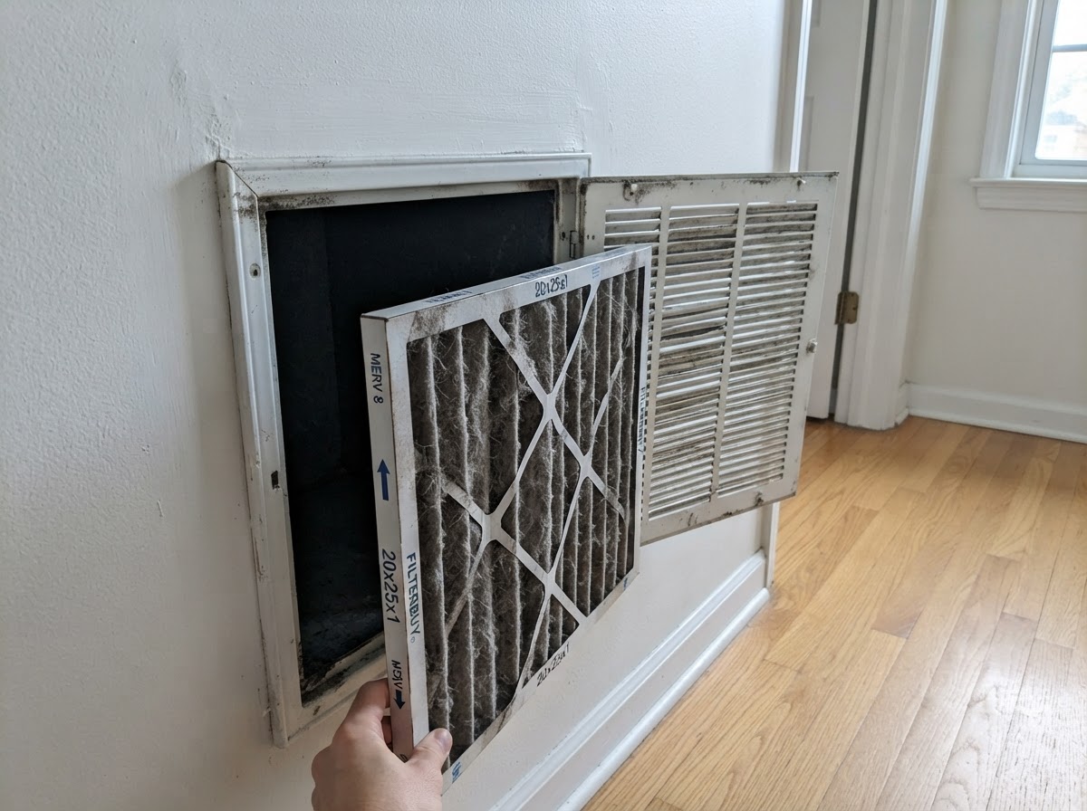 An air filter held near a residential HVAC return vent