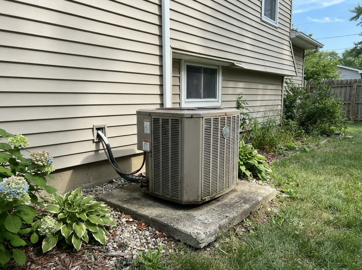 Outdoor air conditioner condenser unit beside a home
