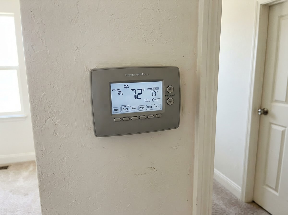 A digital programmable thermostat mounted on an interior wall