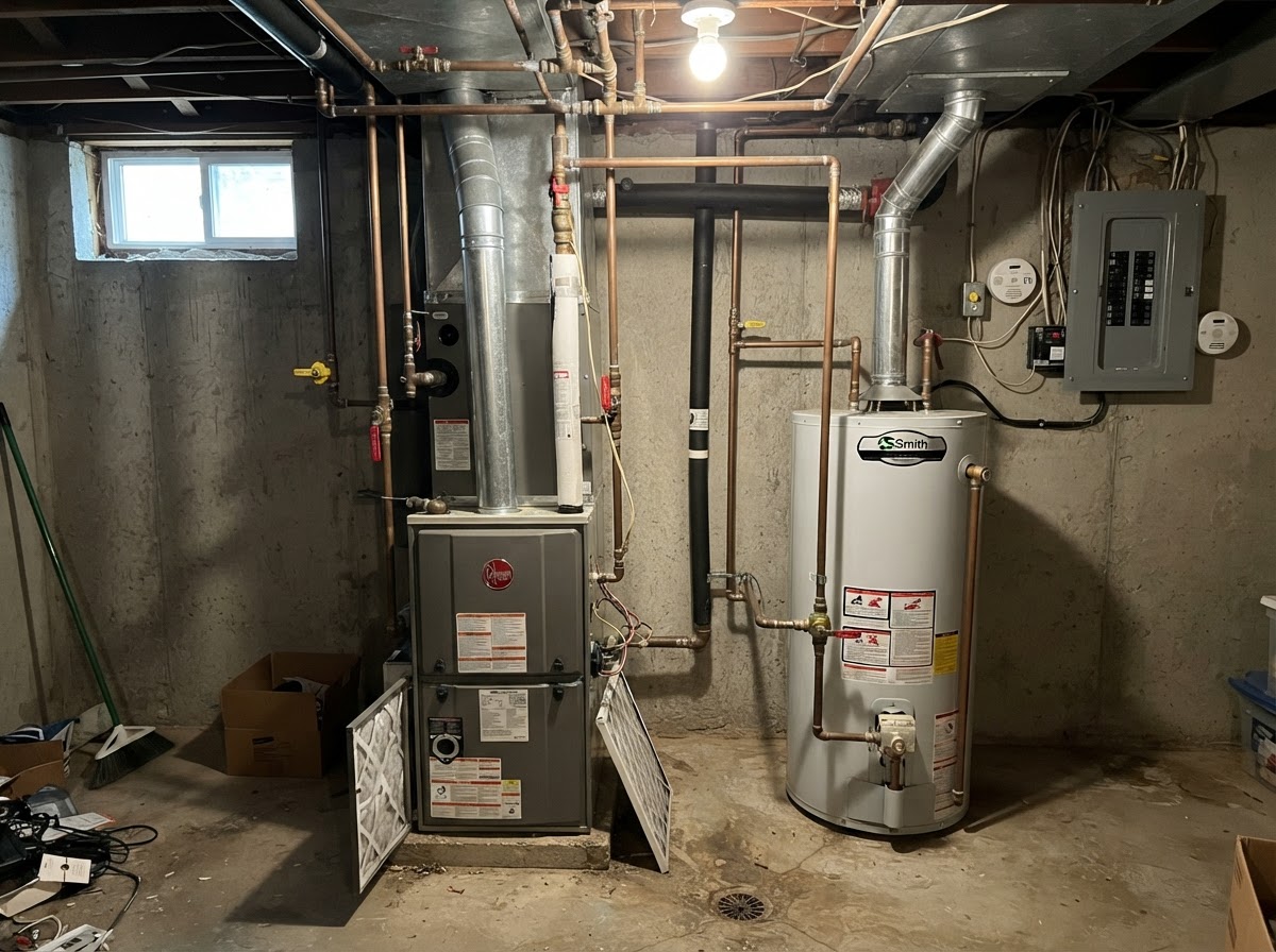 A residential mechanical room with a furnace, water heater, and copper pipes