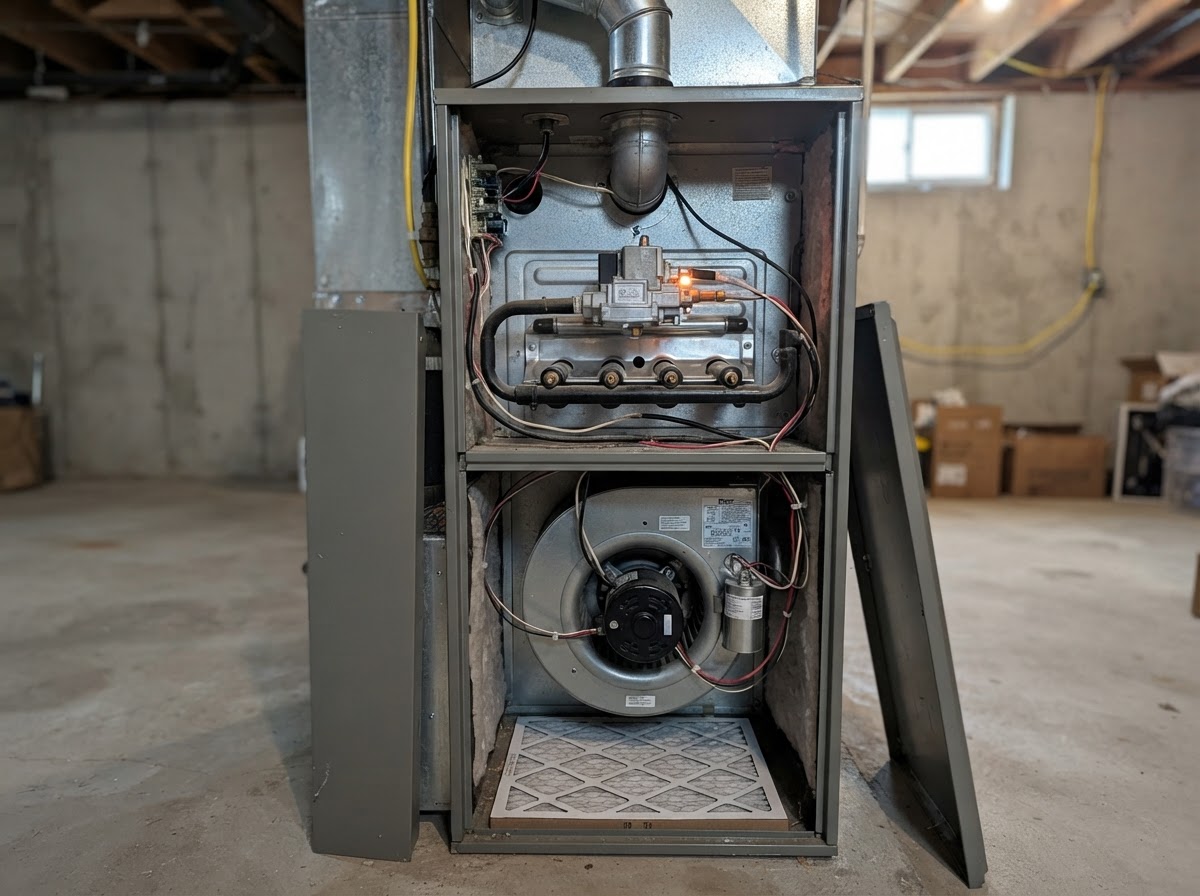 Residential furnace with access panel open showing internal components