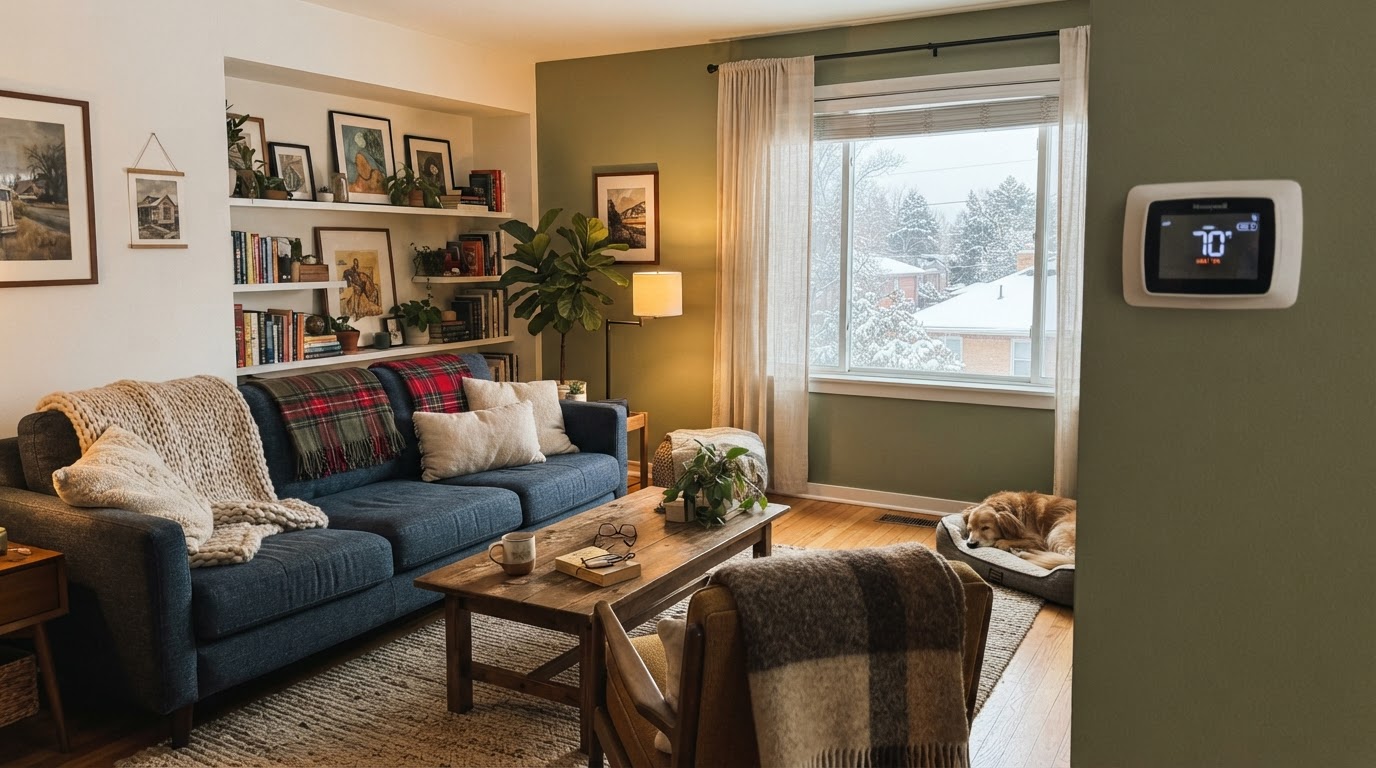 A comfortable Denver living room interior on a cold day