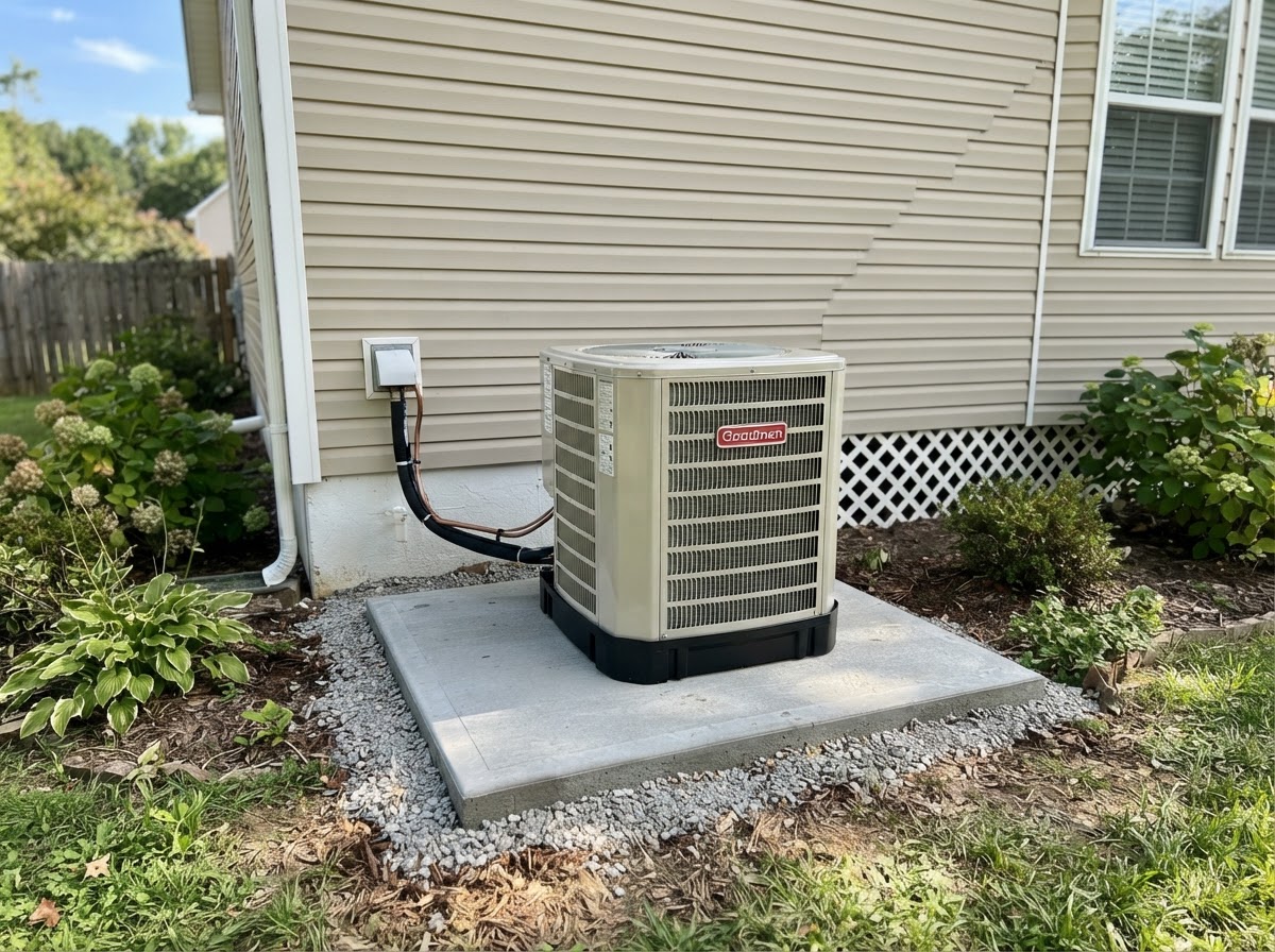 Newly installed central air conditioner condenser on a concrete pad