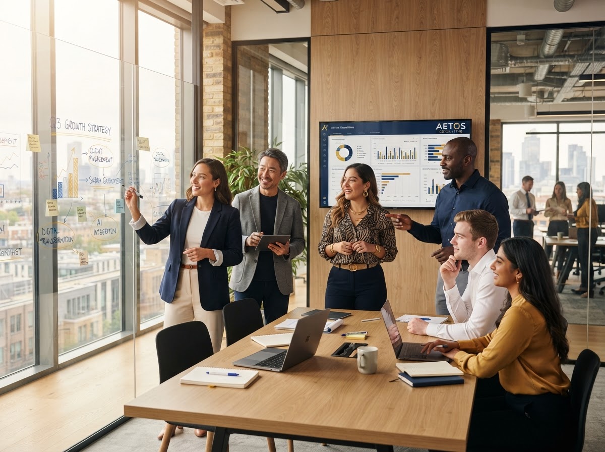 GRATTITUDE, Inc consultants collaborating around a strategy whiteboard