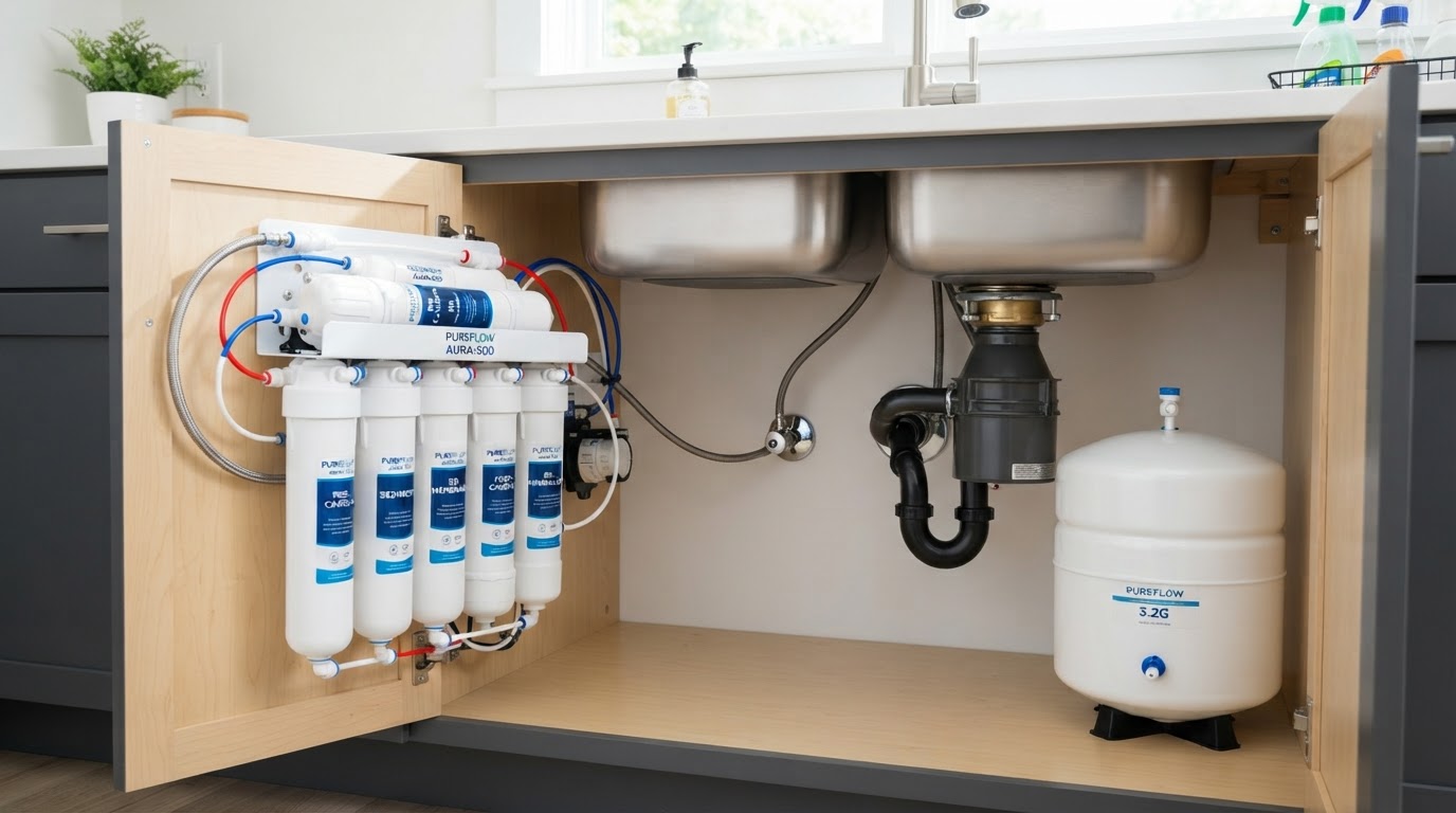 Under-sink drinking water RO system at a modern kitchen sink