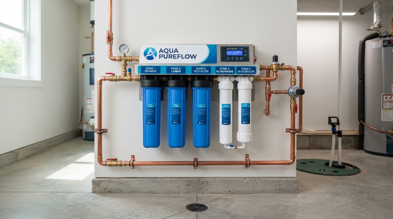 Pure Way whole-home water filtration system with multi-stage filter housings