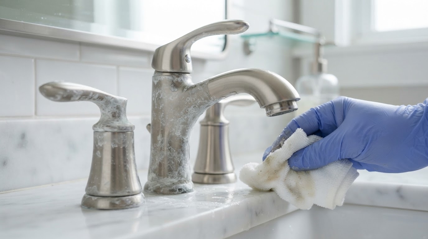 Modern bathroom faucet protected from hard water scale