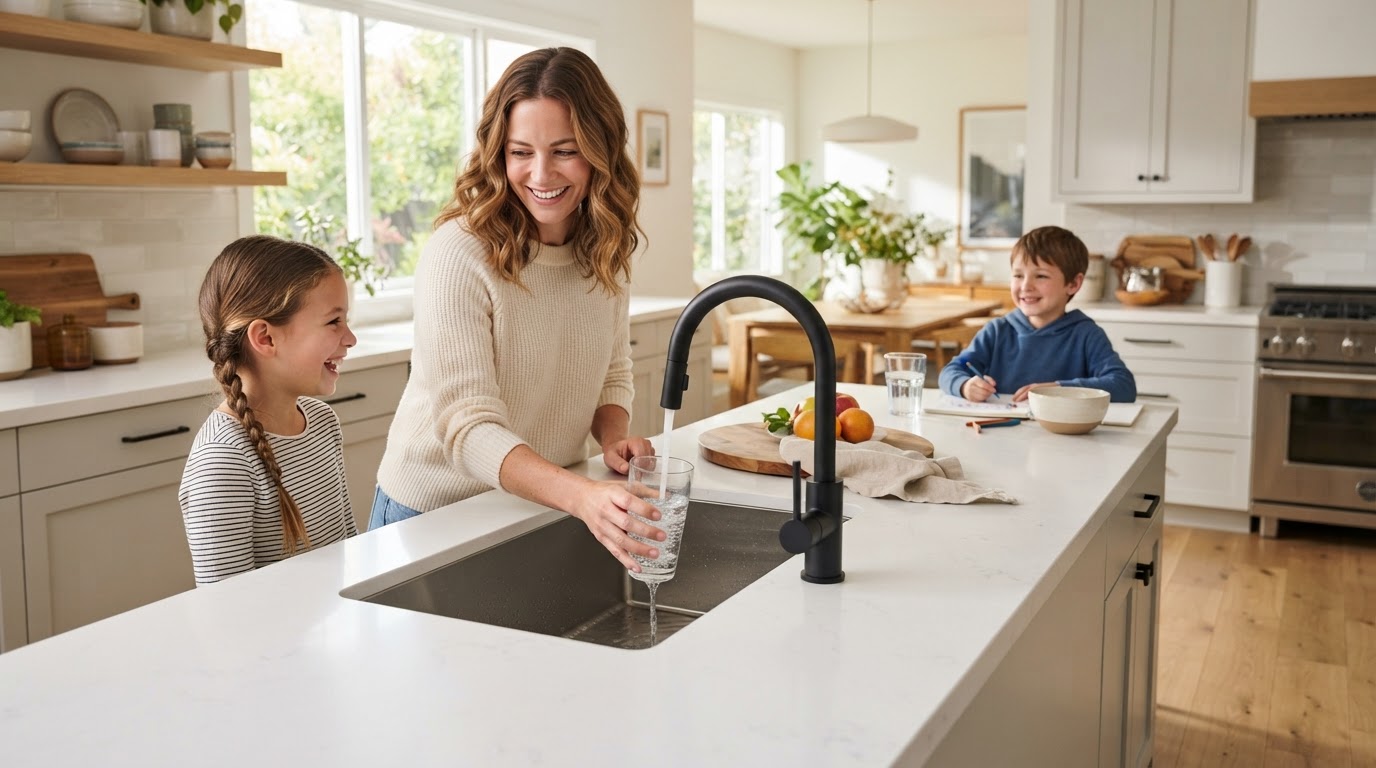 A family pouring clear water in a bright modern kitchen