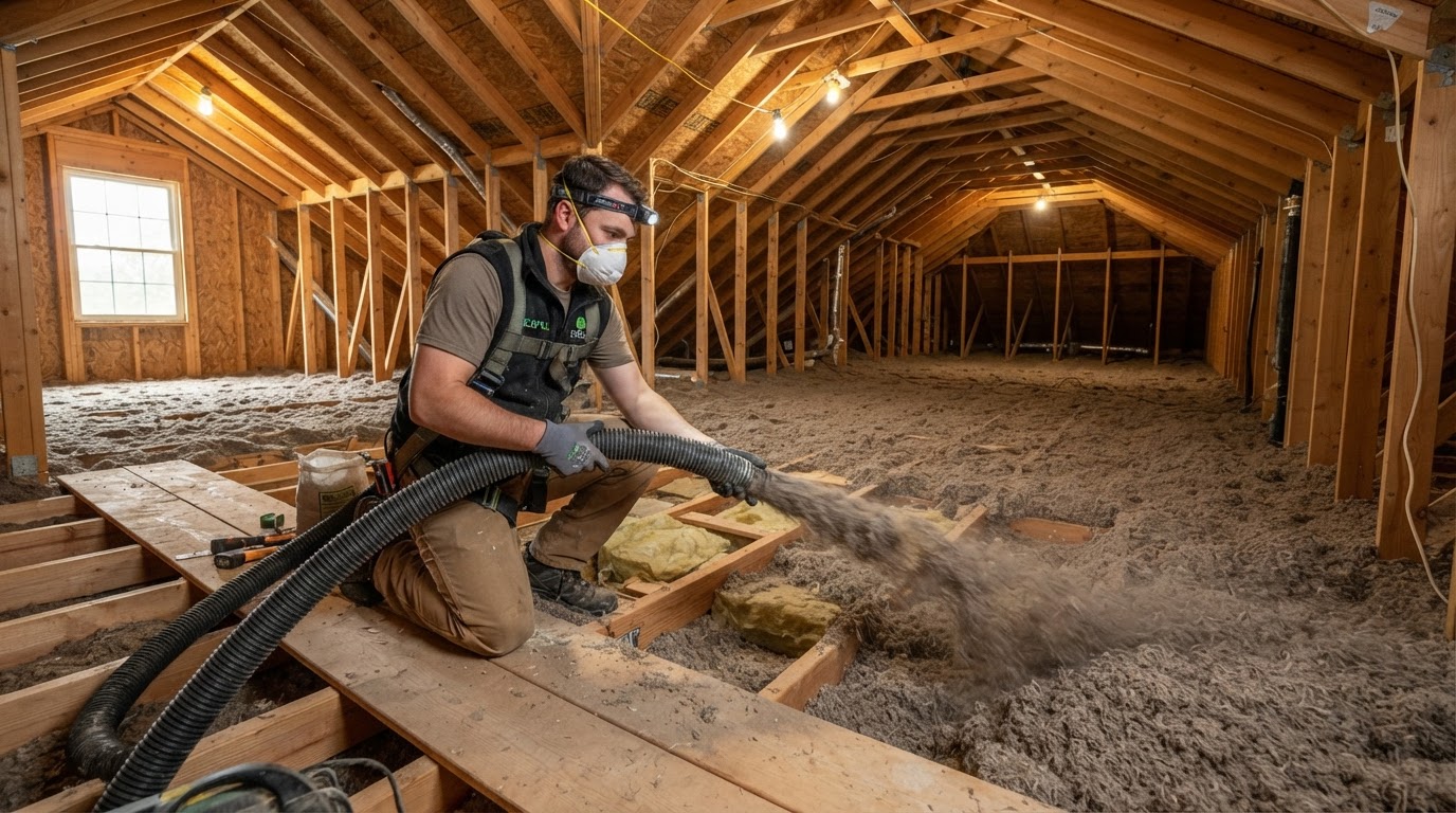 Soufflage d'isolant de cellulose dans un entretoit québécois