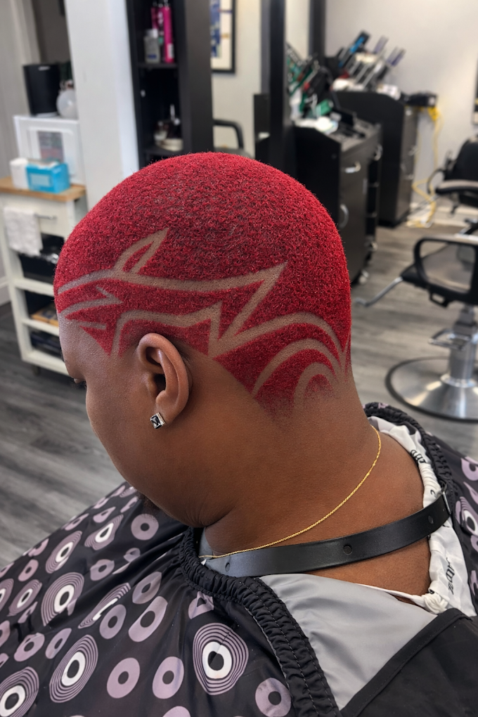 Vibrant crimson red colour service with intricate razor geometric wave design at Image Barber Studio Scarborough