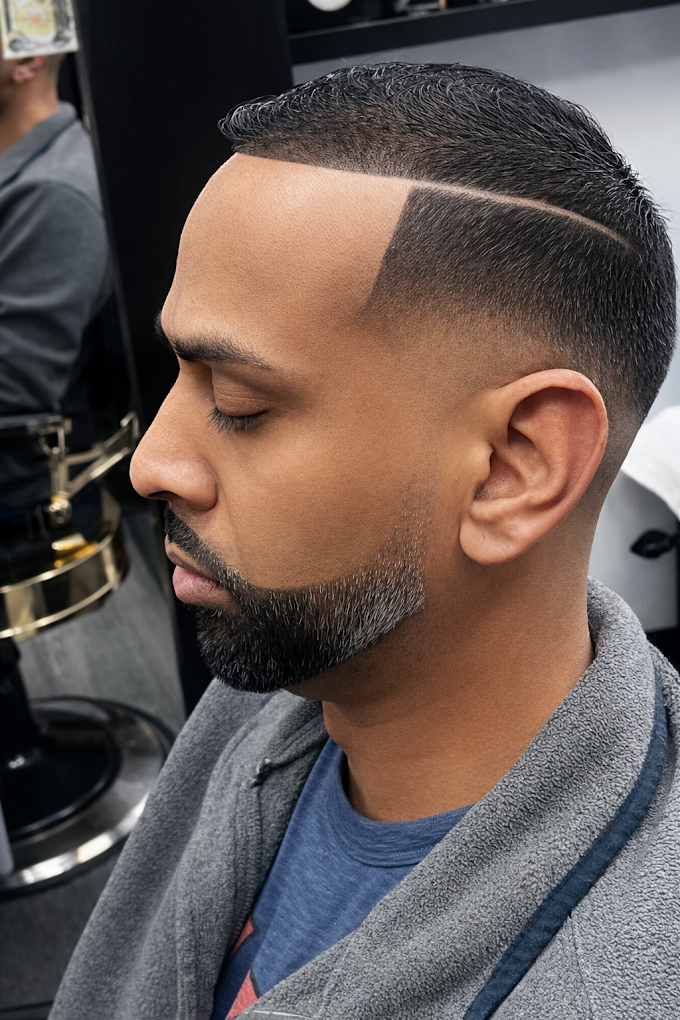 Crisp razor lineup with hard part and sculpted beard taper at Image Barber Studio in Scarborough