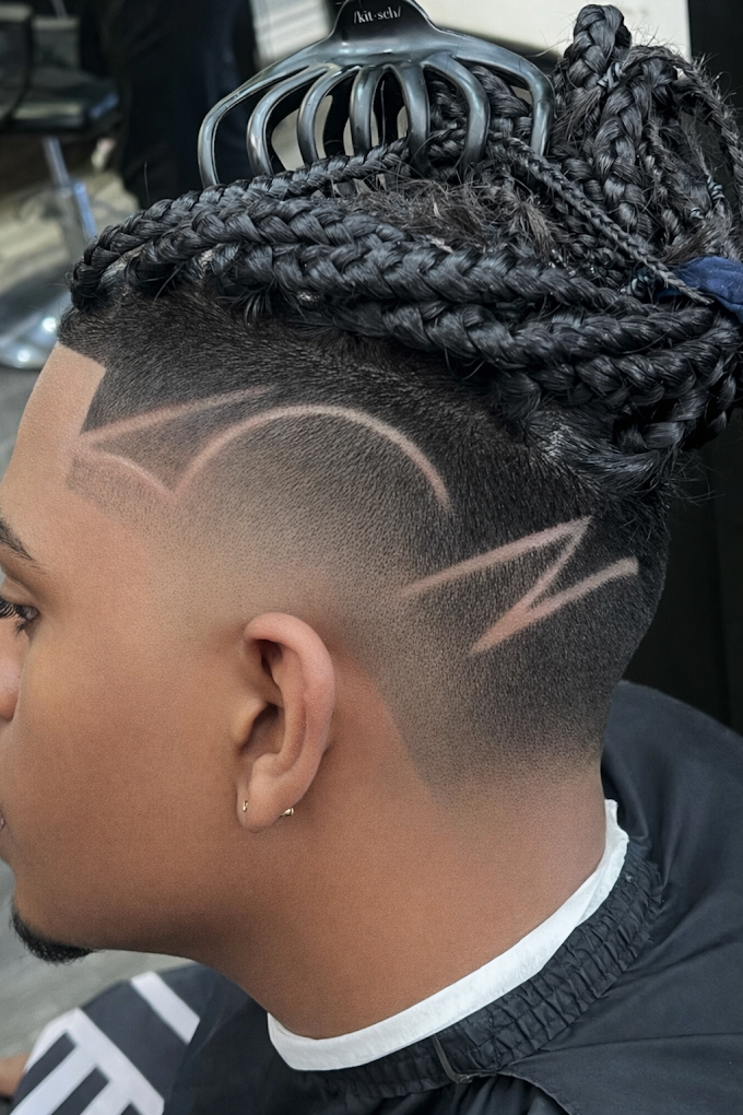 Precision skin fade with custom lightning blade hair design and braided top at Image Barber Studio Scarborough