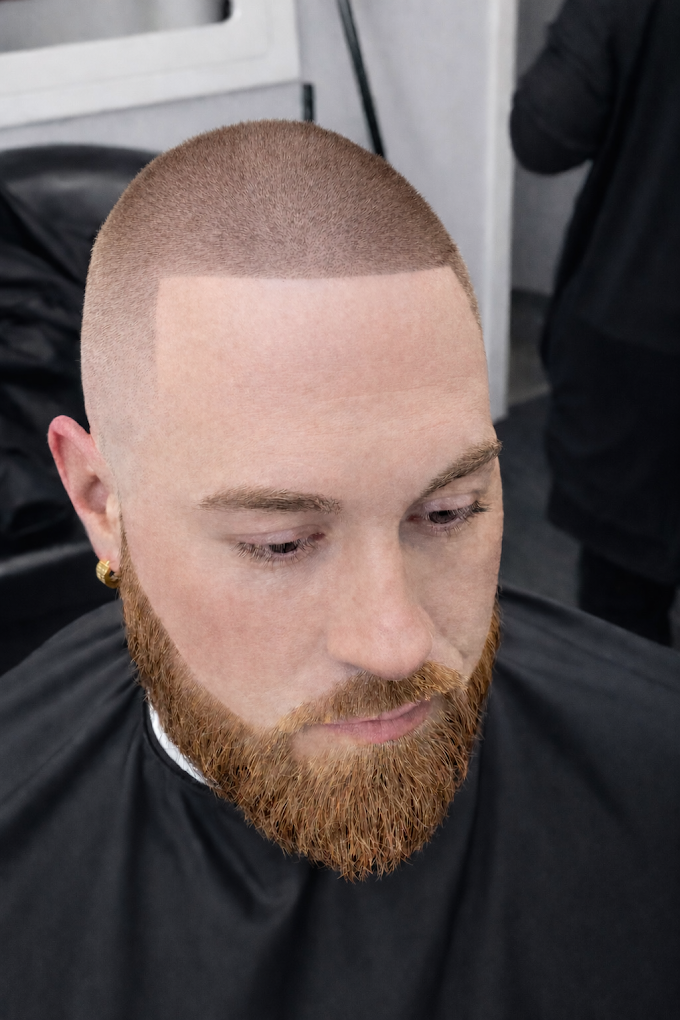 Precision skin buzz fade with sharp geometric box lineup and dense sculpted ginger beard at Image Barber Studio
