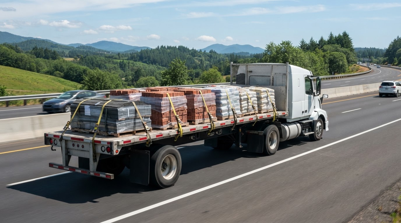 Flatbed delivery truck with strapped pallets of building materials on a highway