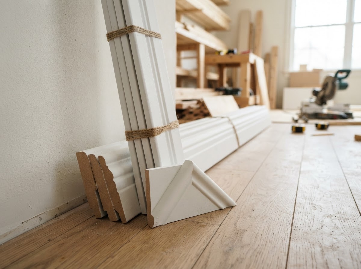 Primed white baseboard lengths bundled together with a corner sample