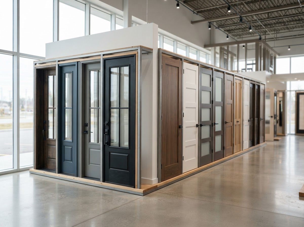 A row of interior and exterior doors displayed in a showroom