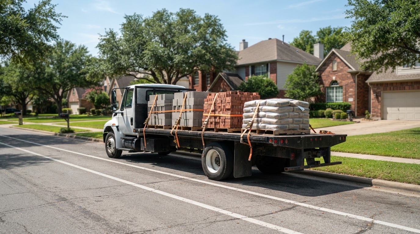 Flatbed delivery truck with strapped pallets of building materials on a suburban road
