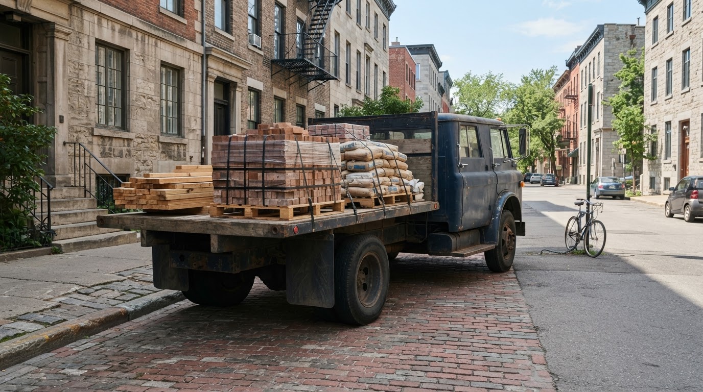 Flatbed delivery truck with strapped pallets of building materials on a brick-lined city street