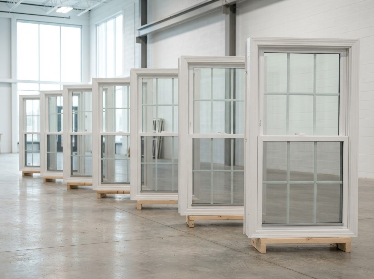White double-hung vinyl window units standing in a row