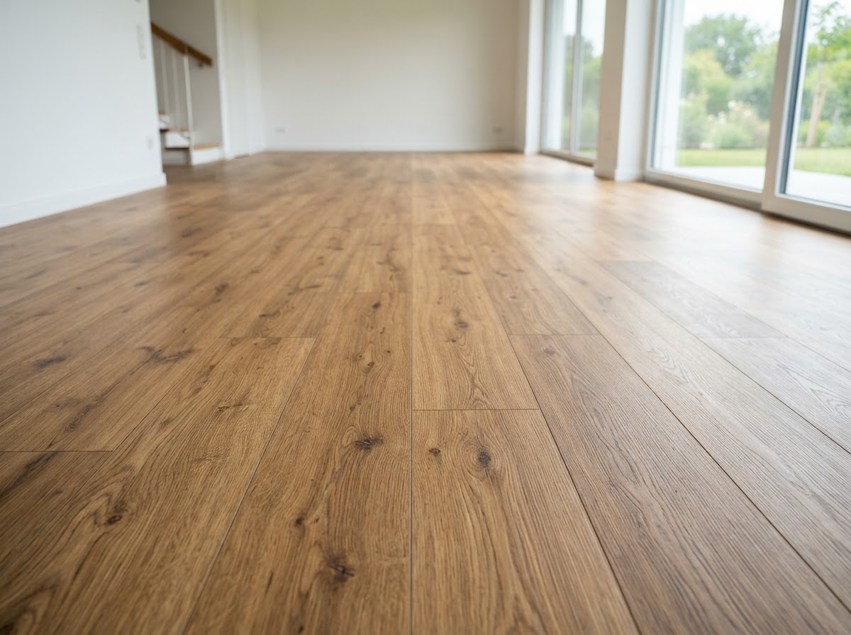 Long wood-look planks with visible grain, installed