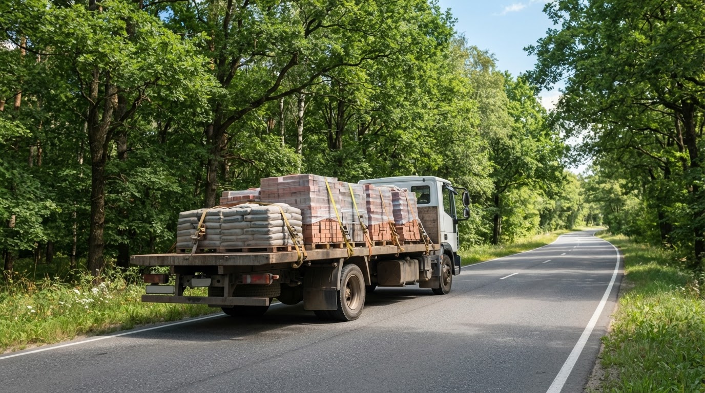 Flatbed delivery truck with strapped pallets of building materials on a tree-lined road
